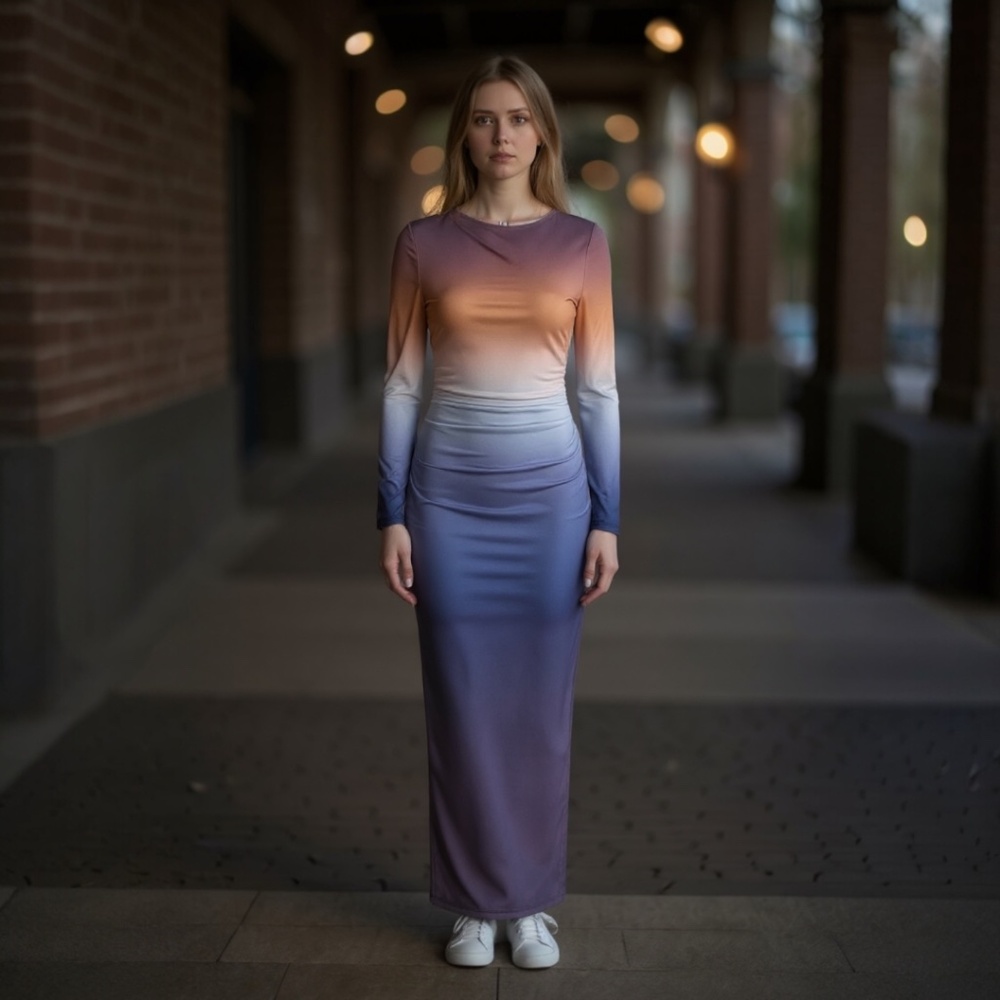 Women's Gradient Long Sleeve Maxi Dress – Elegant Ombre Evening Dress Chic - NWT - Picture 2 of 3